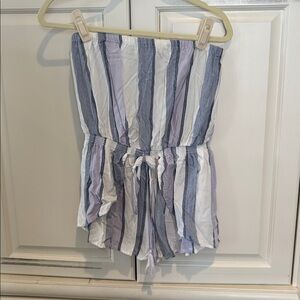 $20 Ocean Drive Blue White Purple Striped Smocked Waist Strapless Romper -